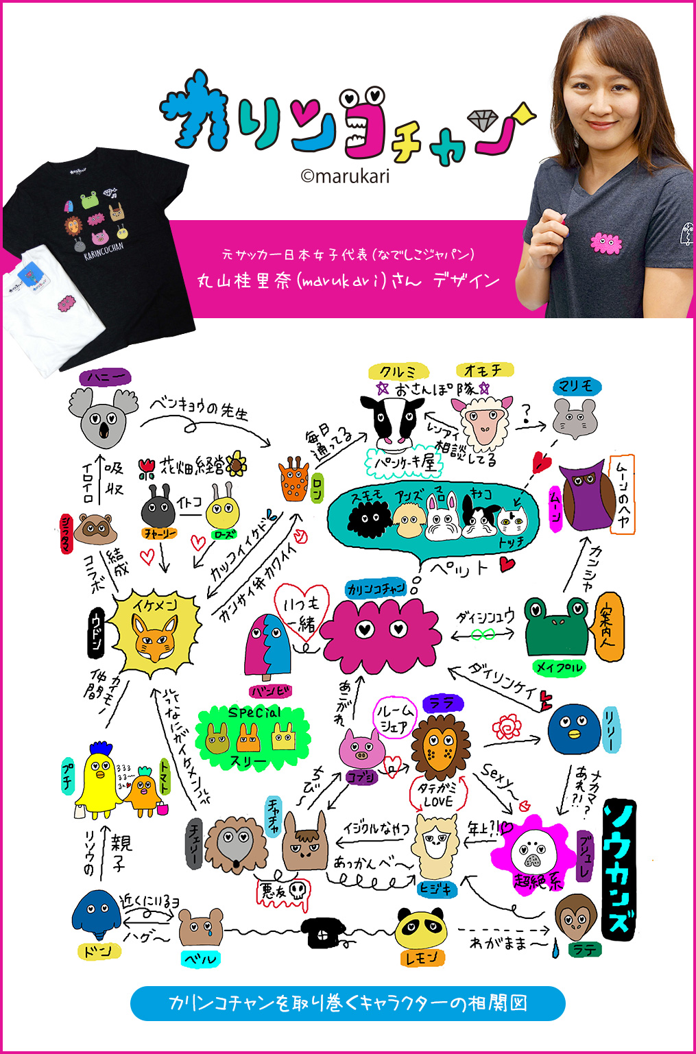 元サッカー日本女子代表（なでしこジャパン）の丸山桂里奈(marukari)さんによる『カリンコチャン』のプリントTシャツ販売開始！